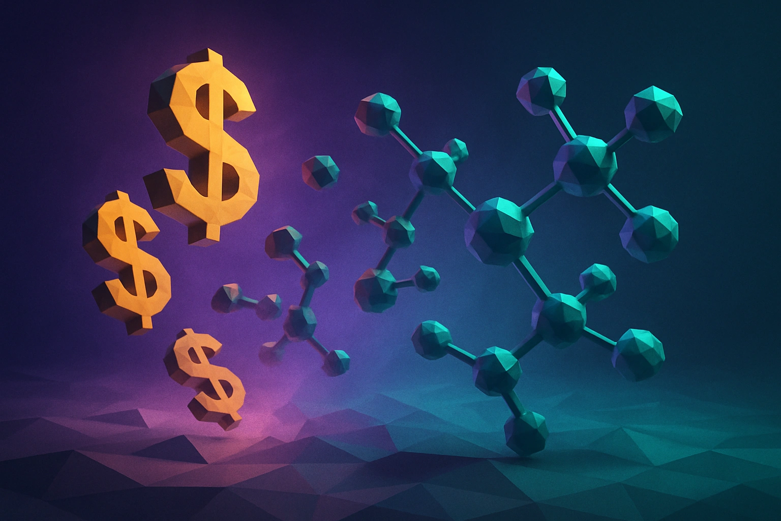 3D low-poly conceptual representation of money and science merging