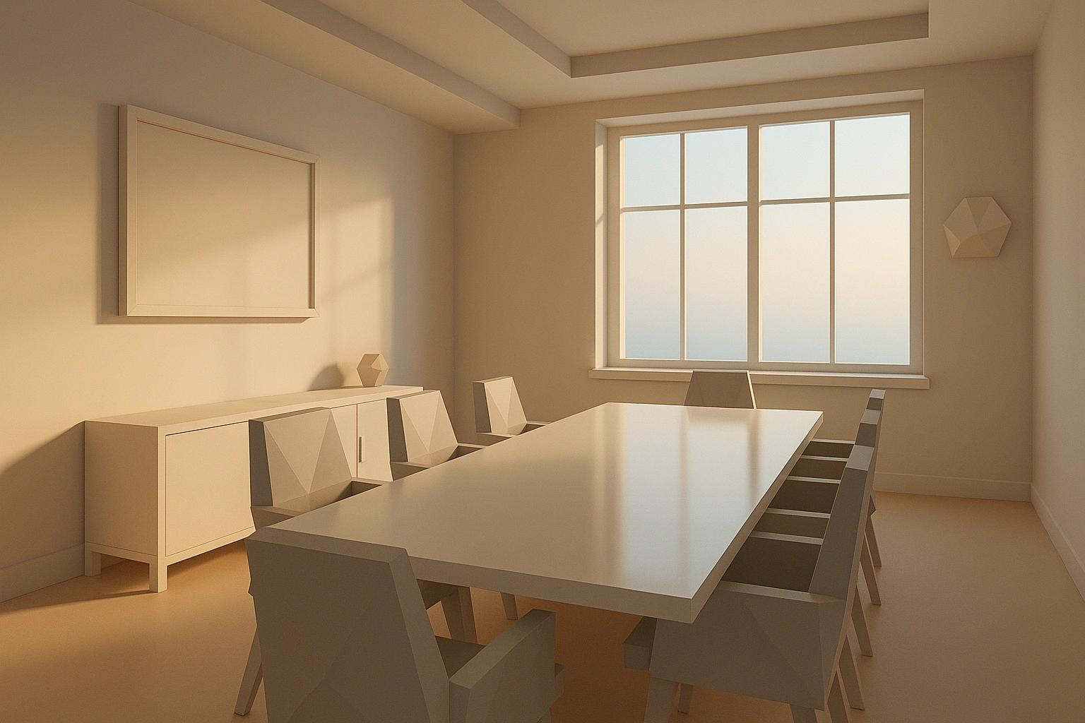 3D low-poly conference room with long
                white table