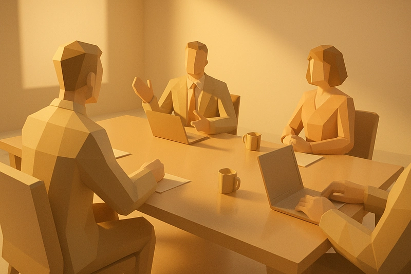3D low-poly business meeting scene rendered in warm golden lighting