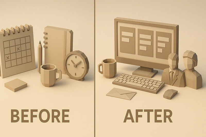 3D low-poly before-and-after comparison scene showing two workspace setups side by side