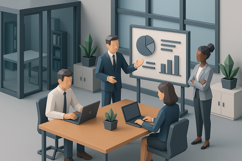 3D low-poly office environment with team collaboration, clean geometric furniture