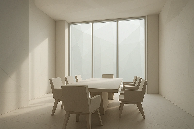 3D low-poly conference room with floor-to-ceiling windows, minimalist furniture in neutral tones