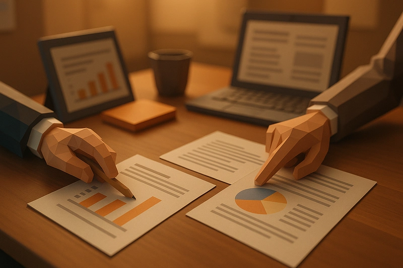 3D low-poly workspace scene showing hands collaborating over documents and devices