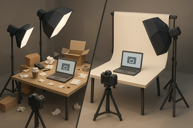 3D low-poly before-and-after comparison showing cluttered versus clean business photography setups