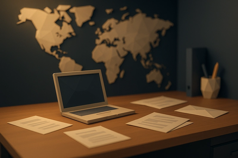 3D low-poly business office scene with clean wooden desk, minimal laptop computer