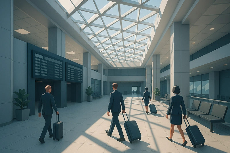 3D low-poly airport terminal scene with clean minimalist design