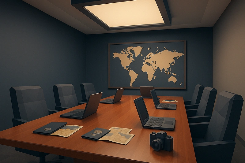 3D low-poly conference room interior with polished wooden table