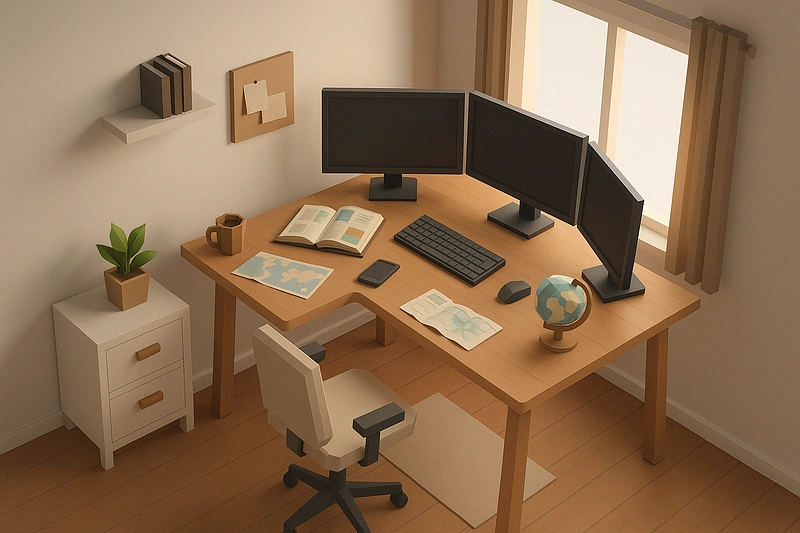 3D low-poly modern home office setup with standing desk