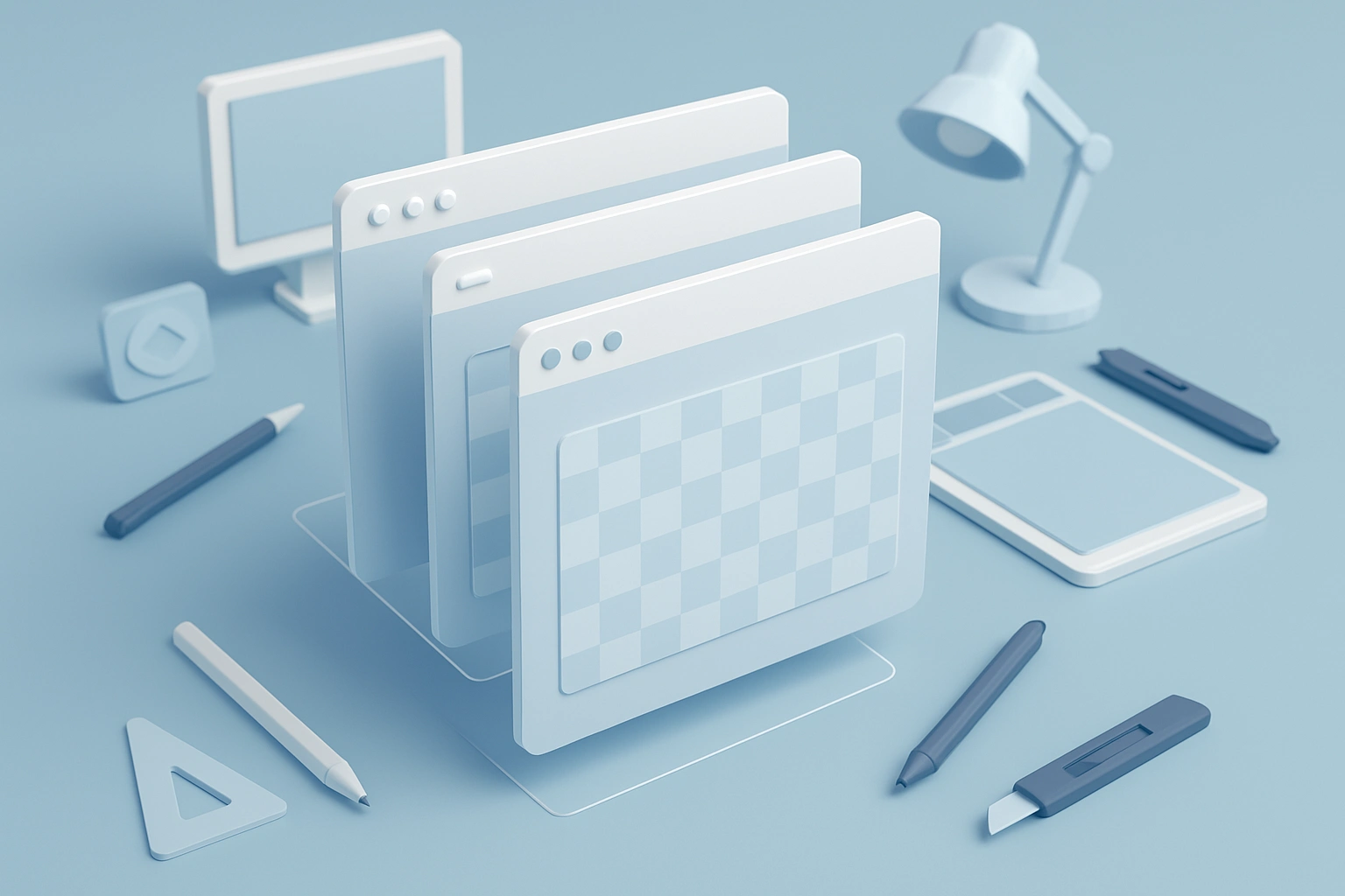 3D low-poly design workspace showing transparent background templates floating in organized layers