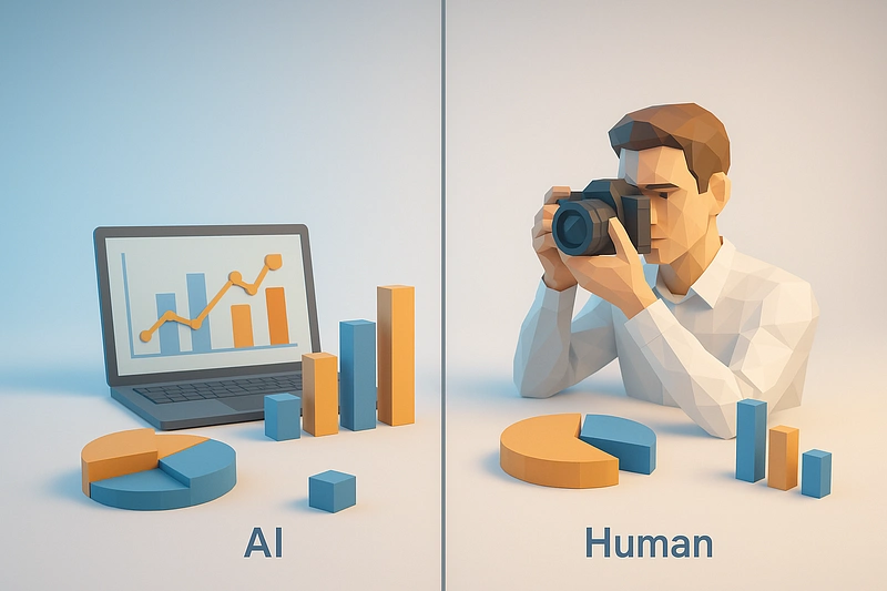 3D low-poly scene showing split-screen comparison of AI versus human photography