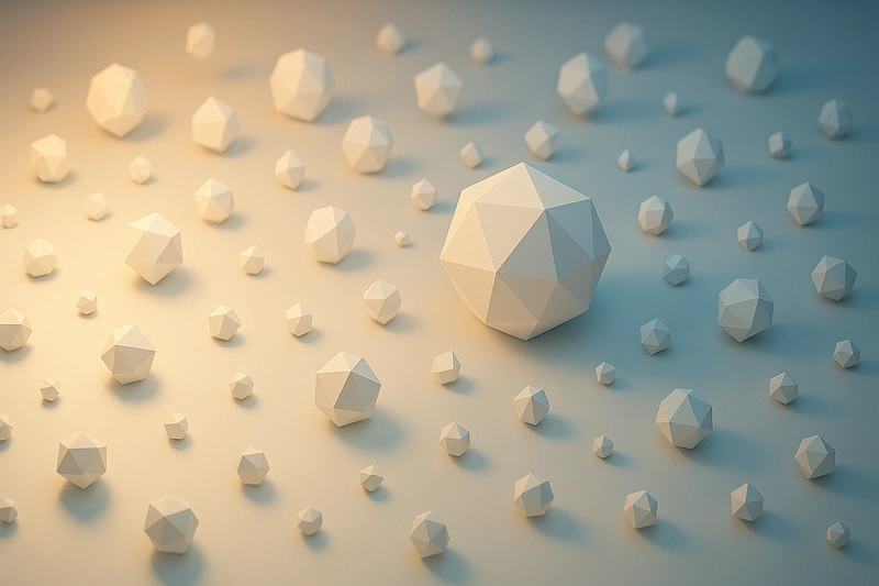 3D low-poly visualization of keyword frequency data represented as floating geometric shapes