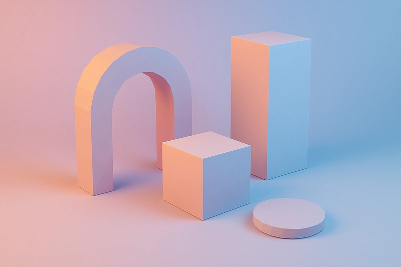 3D low-poly minimalist design composition showing floating elements arranged with perfect spacing
