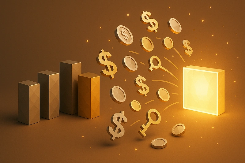 A
            3D low poly illustration showing money and opportunity flowing away from rectangular