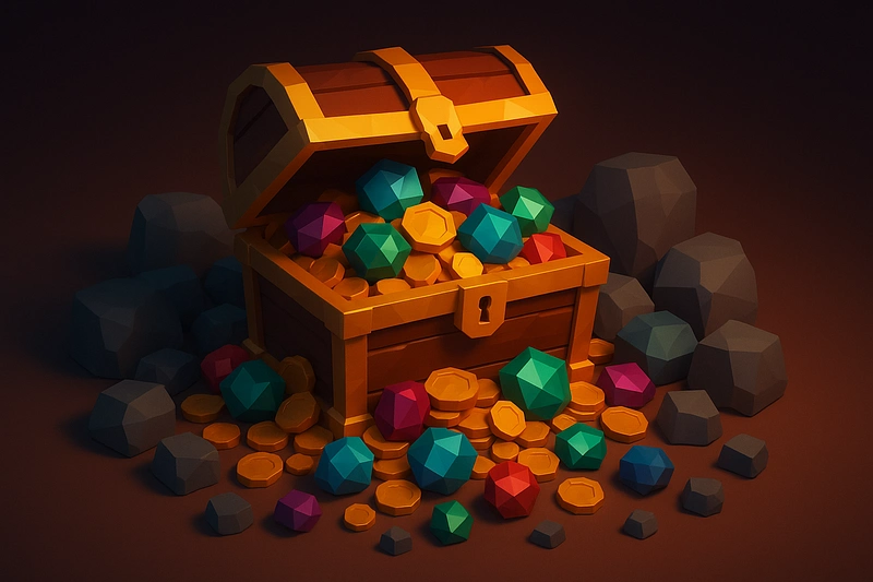 A
            3D low poly treasure chest overflowing with square-shaped gems and coins
