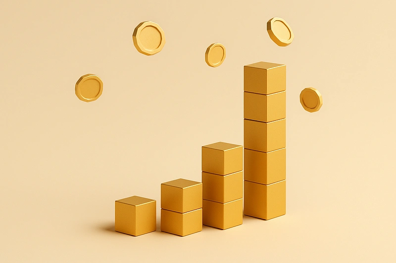 A
            3D low poly bar chart made of golden cubes showing dramatically different heights