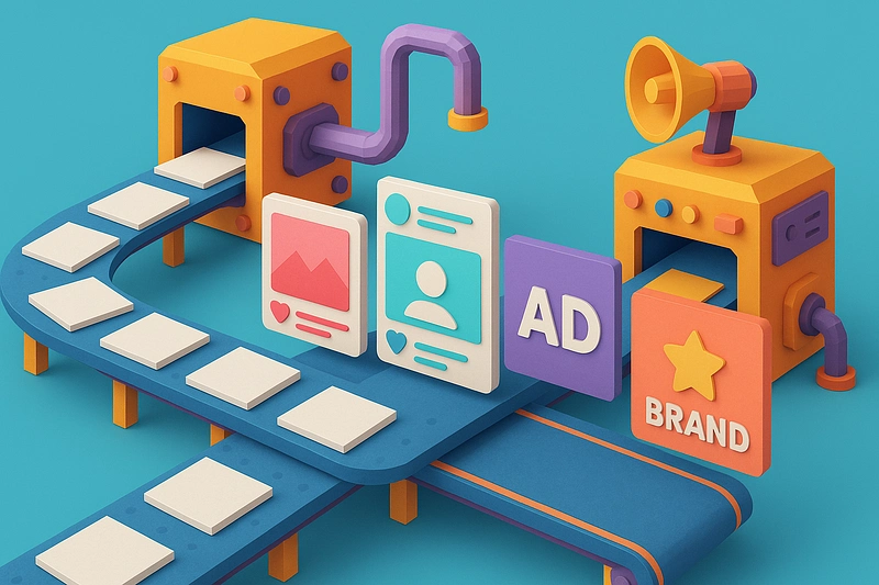 A
            3D low poly illustration of multiple square templates flowing like an assembly line