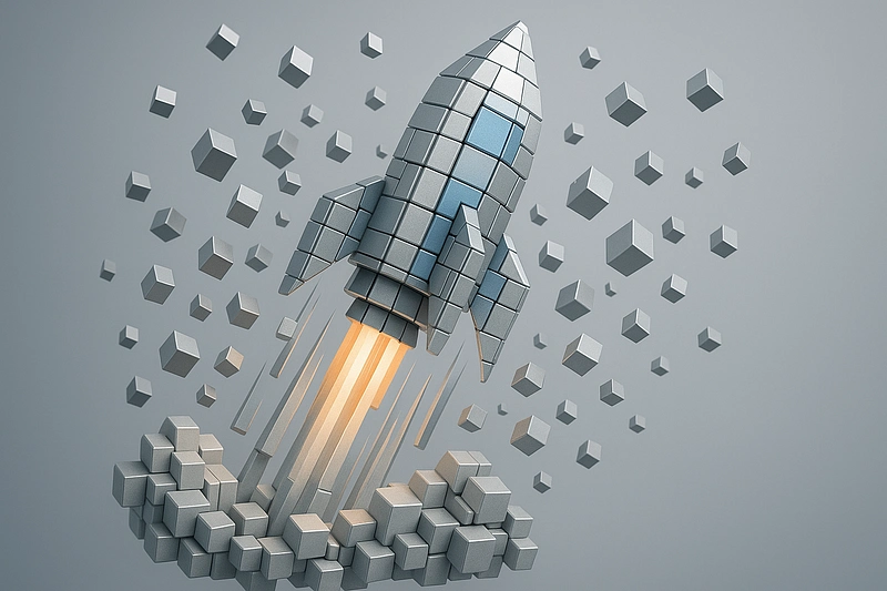 A
            3D low poly rocket ship made of square geometric pieces launching upward through clouds of rectangular
            debris