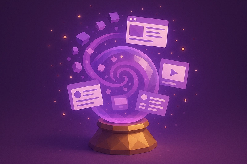 A
            3D low poly crystal ball containing swirling square shapes transforming into various digital platform
            interfaces