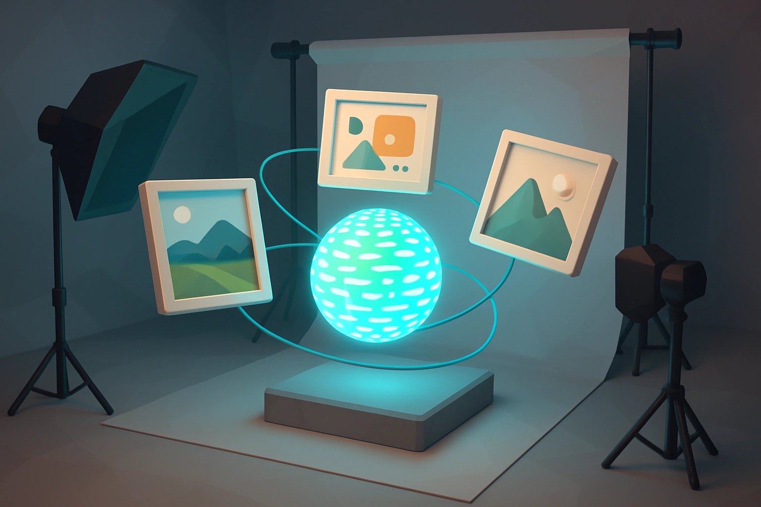 A 3D low-poly photo studio with three
                floating frames