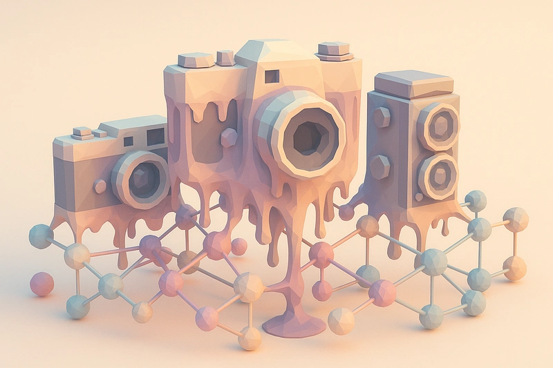 a
            3d low-poly collage of vintage cameras melting into neural network nodes
