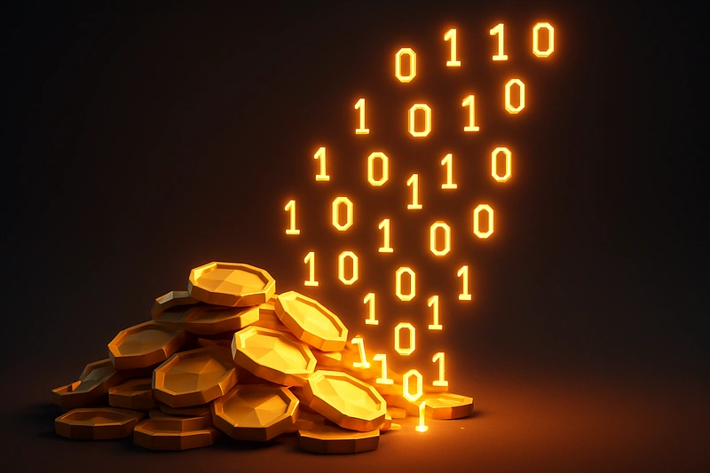 3d low-poly pile of gold coins morphing into glowing binary digits