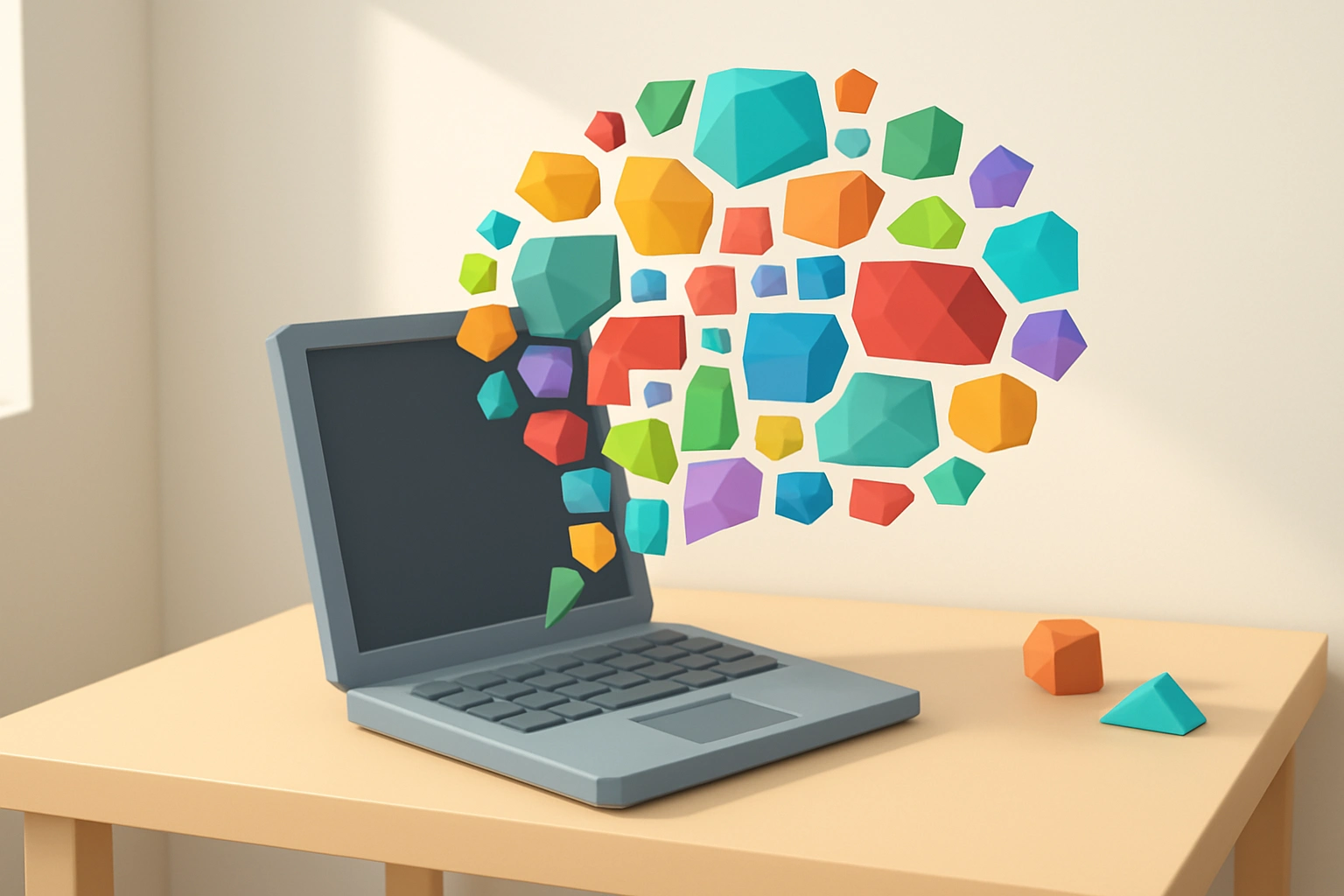 A 3D low-poly laptop sits on a simple desk
