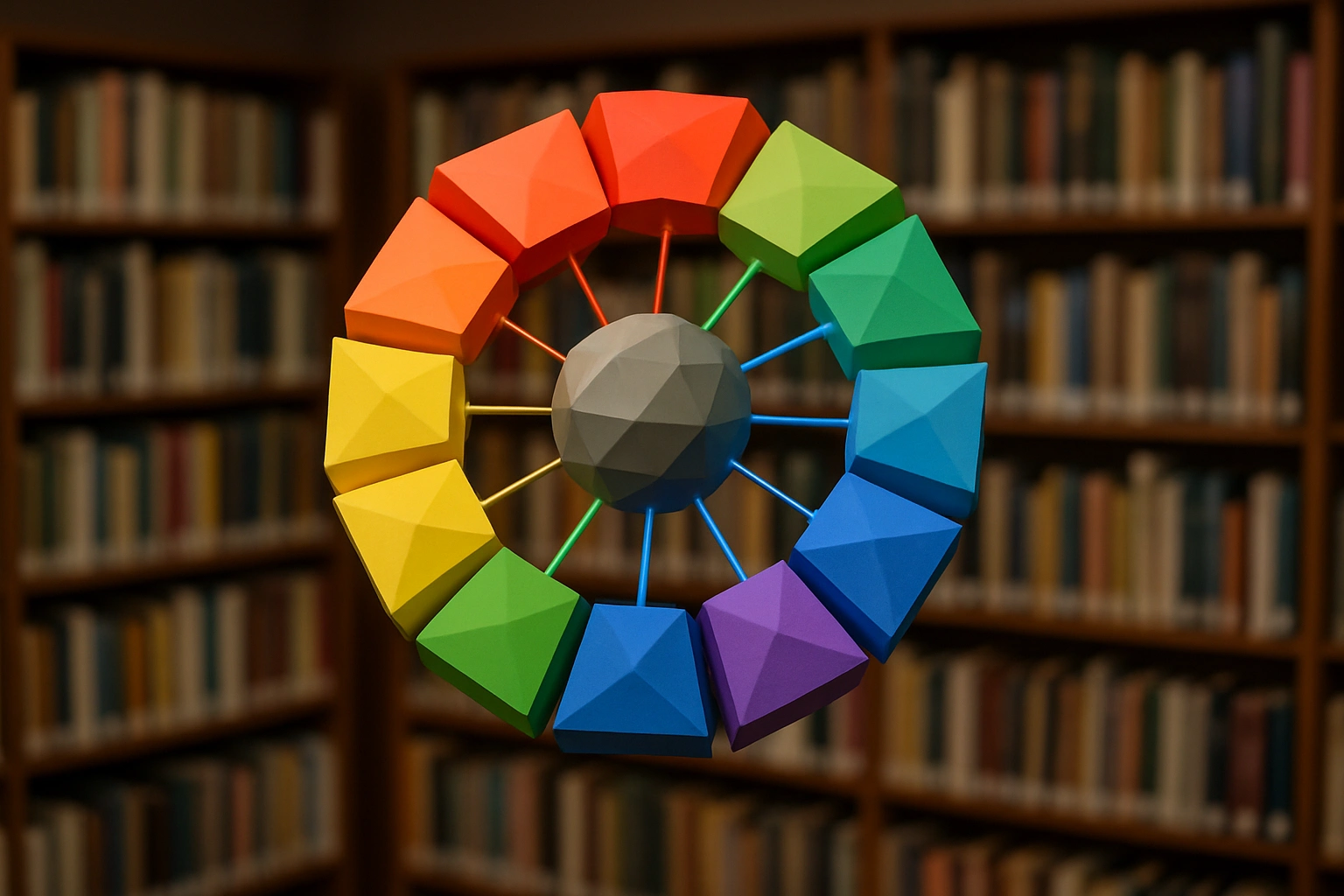 A 3D low-poly color wheel floats above a
                stock library