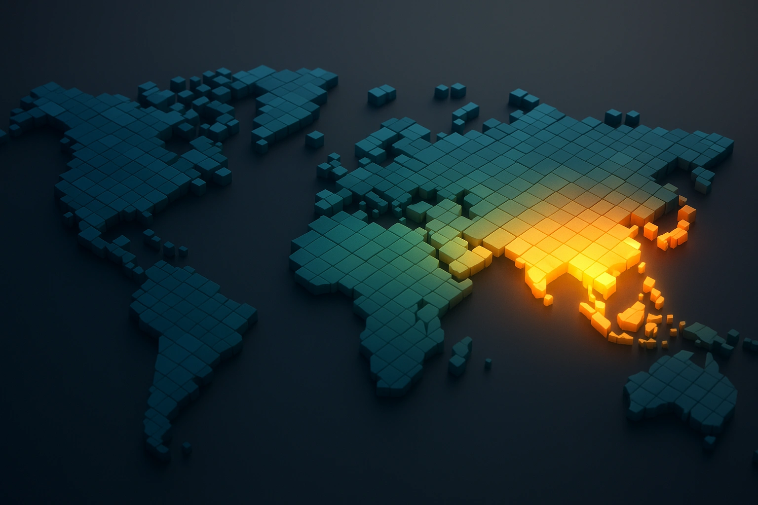A 3D low-poly world map made of bright tiles