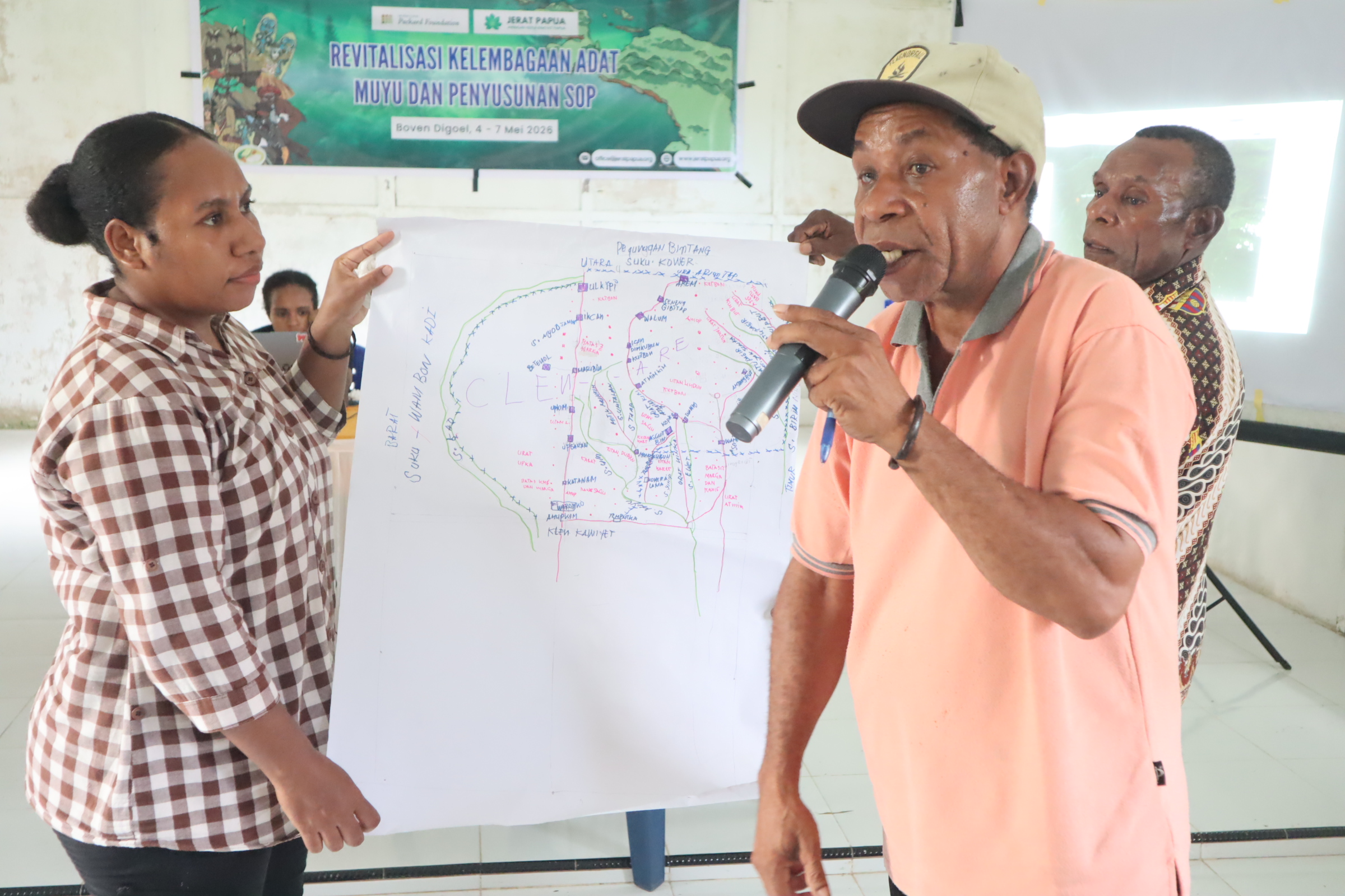 Klen yang hadir mempresentasikan hasil peta sketsa wilayah adat masing-masing dan mendapatkan tanggapan dari setiap klen terkait batas wilayah antar klen Muyu Kati. Proses ini menjadi bagian penting dalam membangun kesepakatan bersama mengenai batas wilayah adat serta penyempurnaan data sosial dan sejarah adat setiap klen.