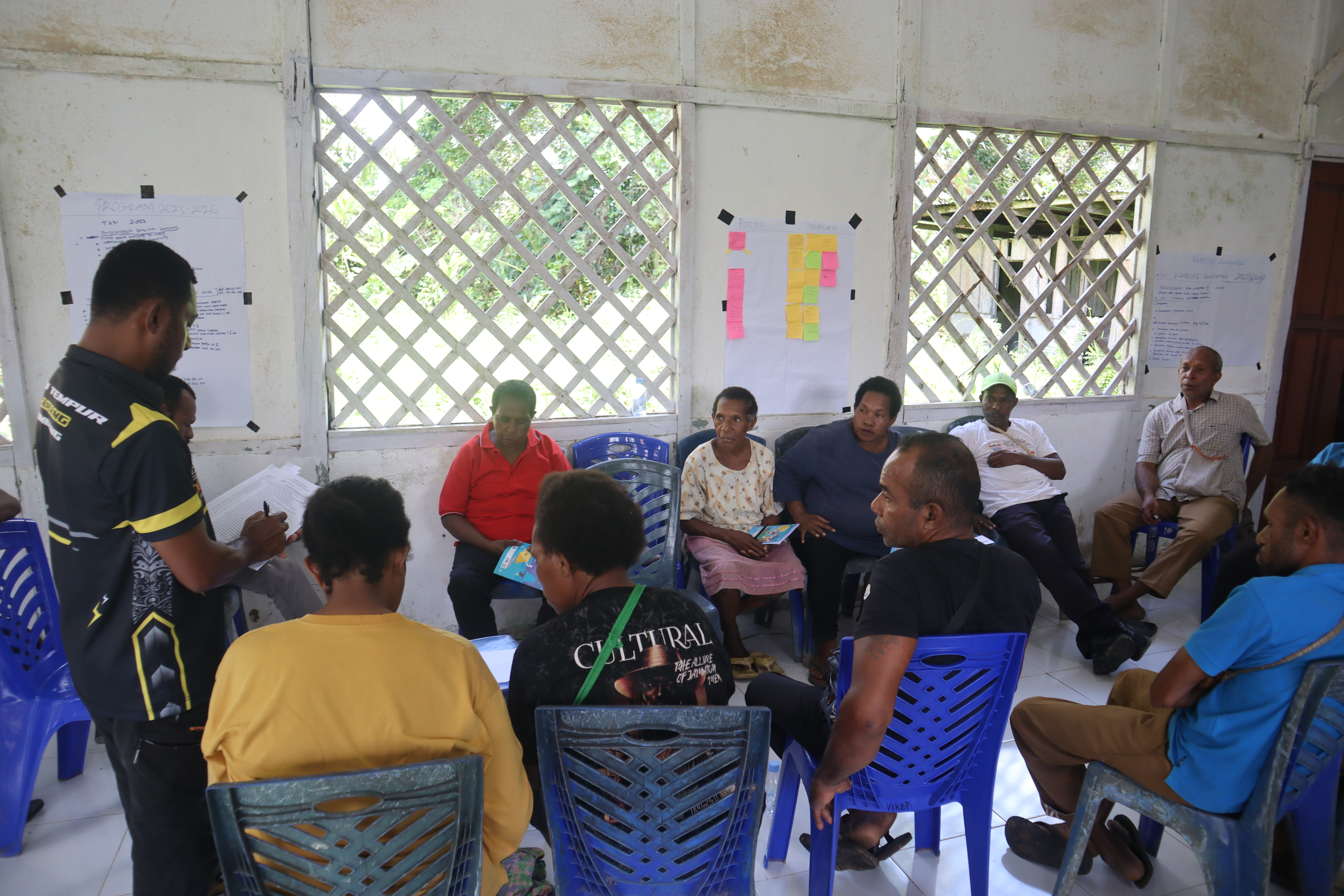 Pada hari kedua kegiatan, peserta dari Kampung Awayanka dan Kampung Wanggatkibi melanjutkan diskusi kelompok untuk menyusun matriks Perubahan RPJMK dan RKPK berdasarkan hasil identifikasi potensi, permasalahan, serta prioritas pembangunan kampung. Melalui pendampingan JERAT Papua, setiap usulan program dirumuskan secara partisipatif dengan mengacu pada data SERIOS terpilah OAP dan Non-OAP agar perencanaan pembangunan lebih terarah, terukur, dan sesuai kebutuhan masyarakat.