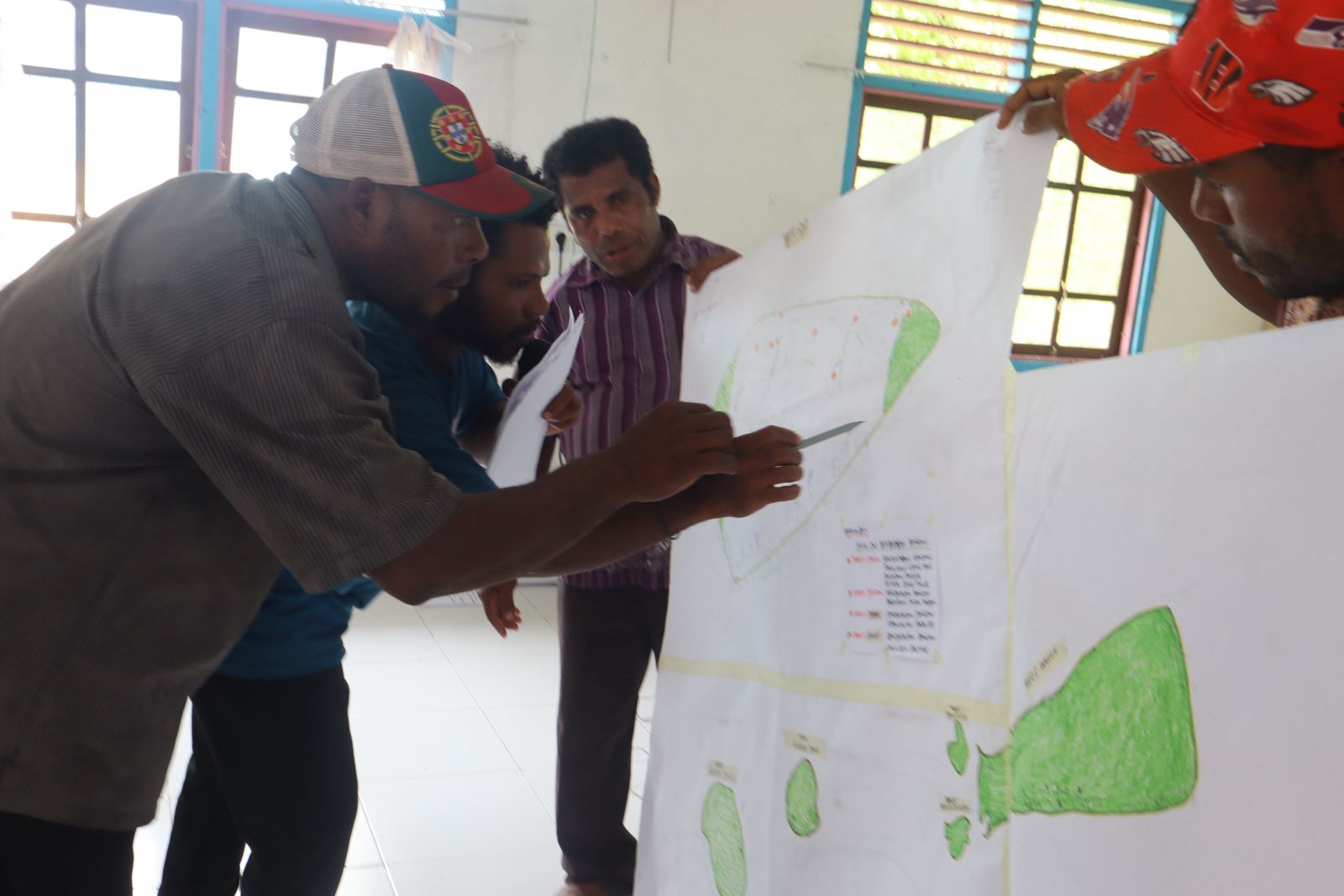 Peserta pelatihan bersama Tim JERAT Papua melakukan penyusunan dan validasi peta sketsa wilayah adat secara partisipatif. Melalui diskusi kelompok, peserta mengidentifikasi batas wilayah dan berbagai informasi pendukung sebagai bagian dari proses penyusunan peta indikatif wilayah adat Kankain Kakara Byak (KKB) Mnuk Meos Owi.