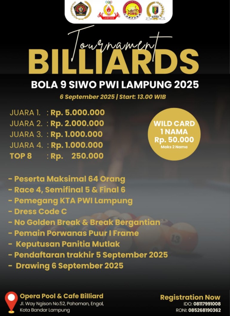 September Nanti SIWO PWI Lampung Gelar Turnamen Biliar Bola 9 Antar Wartawan