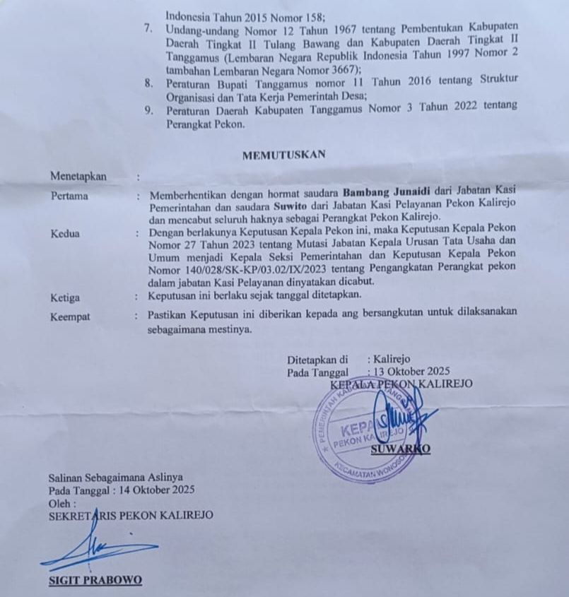 Dua Perangkat Pekon Kalirejo Diberhentikan 10 Hari Setelah SP-1, Prosedur Dinilai Tak Sesuai Aturan