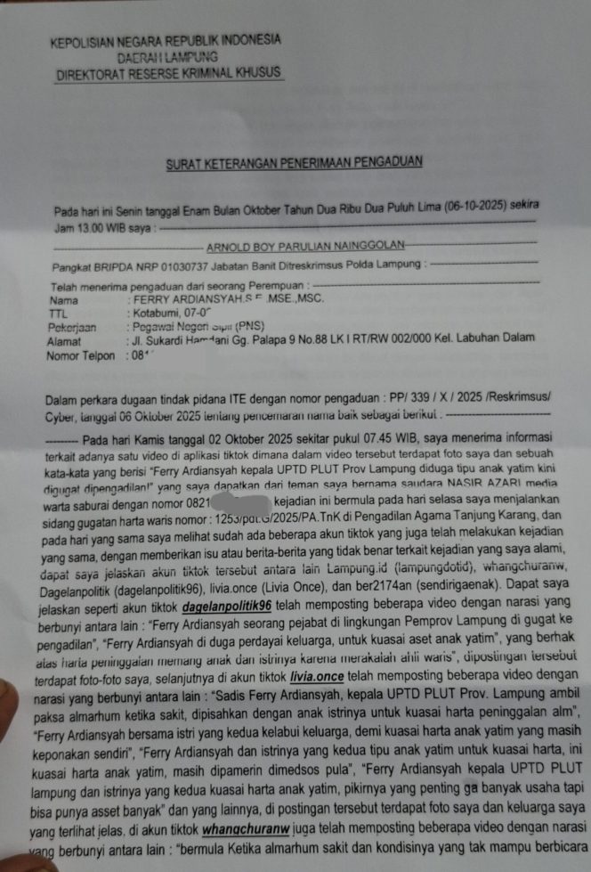 Sengketa Warisan Berujung Serangan di Media Sosial Ferry Laporkan Lima Akun TikTok ke Polda Lampung