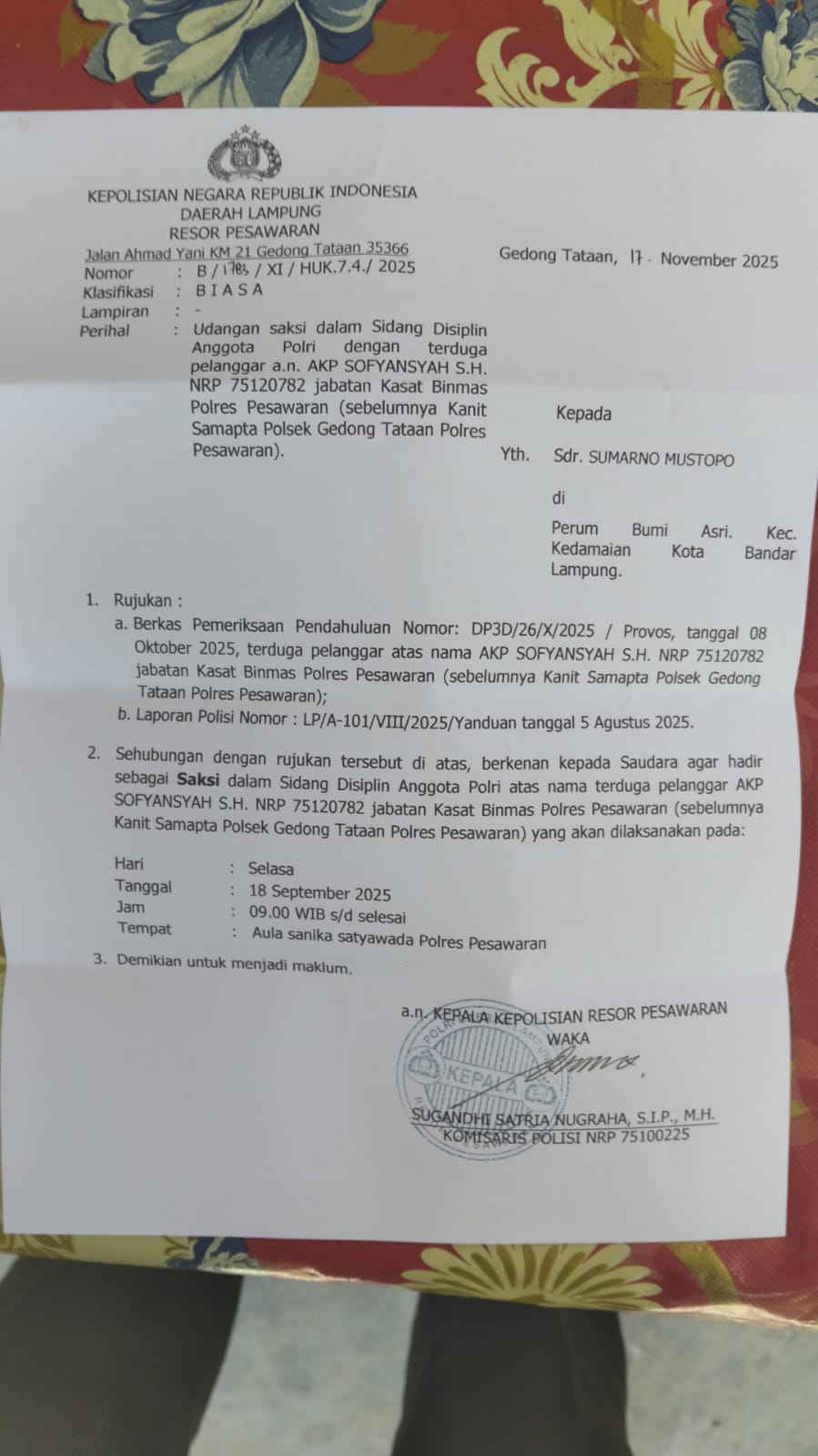 Arogan Ajak Berkelahi Pengusaha, Kasat Binmas Polres Pesawaran Disidang Disiplin Polri