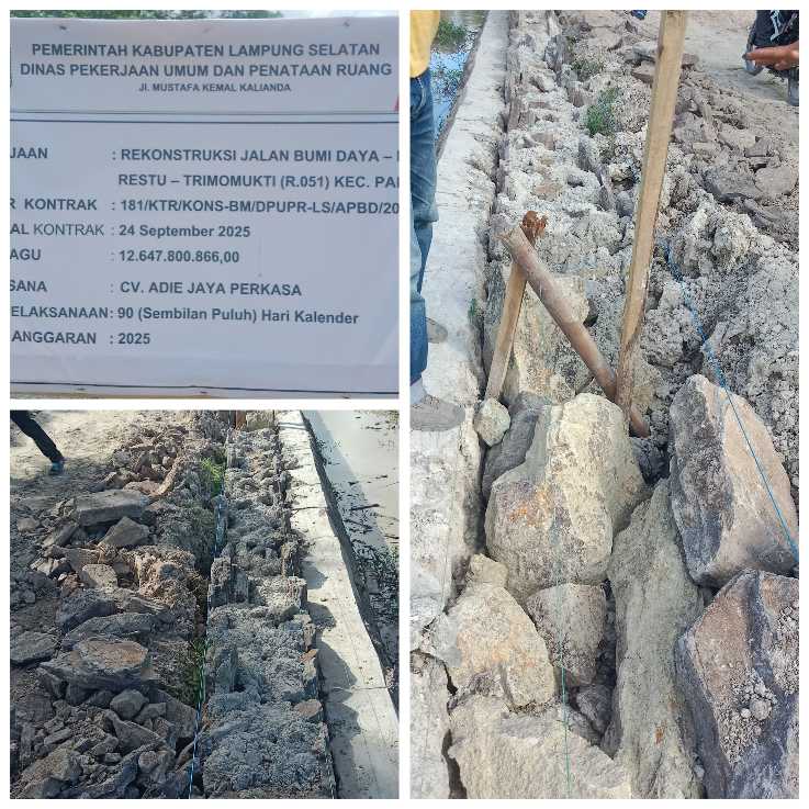 Proyek Jalan Hingga Talud Bumi Daya-Bumi Restu-Trimo Mukti Rp12,6 Miliar PUPR Lampung Selatan Tidak Sesuai Spesifikasi dan Asal Jadi?