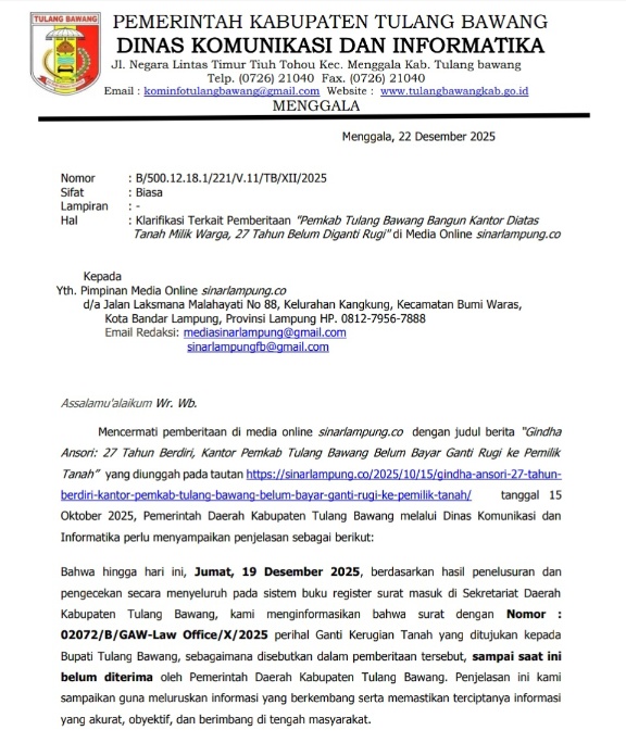 Jawab Tudingan Lahan Tak Diganti Rugi, Pemkab Tulang Bawang Bantah Terima Surat Somasi