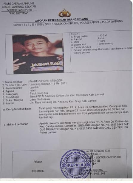 Santri Ponpes Al Amin Candipuro Hilang Sejak 28 Januari, Pengurus Dinilai Telat Lapor dan Anggap Sepele