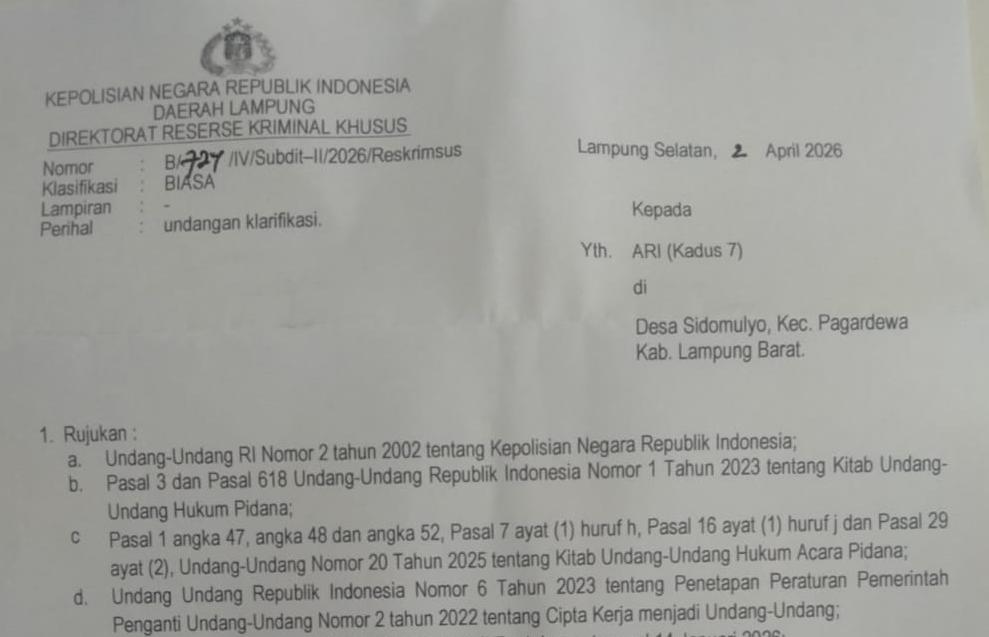 Usut Konflik Lahan Register 43B Sidomulyo Lampung Barat Polda Lampung Periksa Perangkat Desa