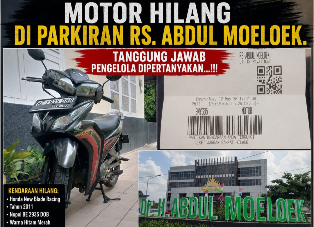 Motor Pasien Raib di Parkiran RSUD Abdul Moeloek, Tanggung Jawab Pengelola Dipertanyakan