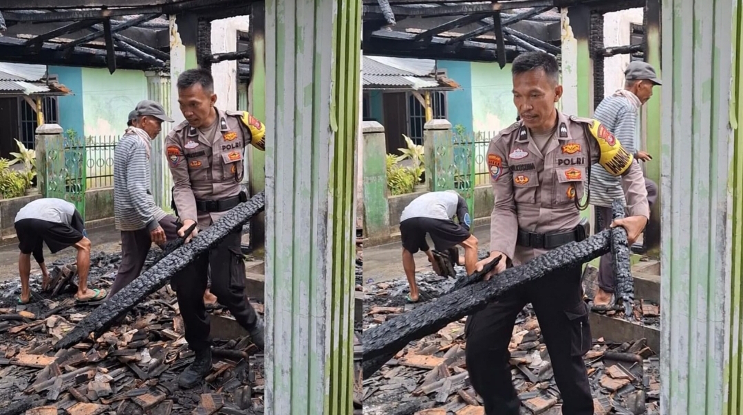 Polisi dan Warga Kompak Bersihkan Puing Rumah ASN yang Ludes Terbakar di Pringsewu