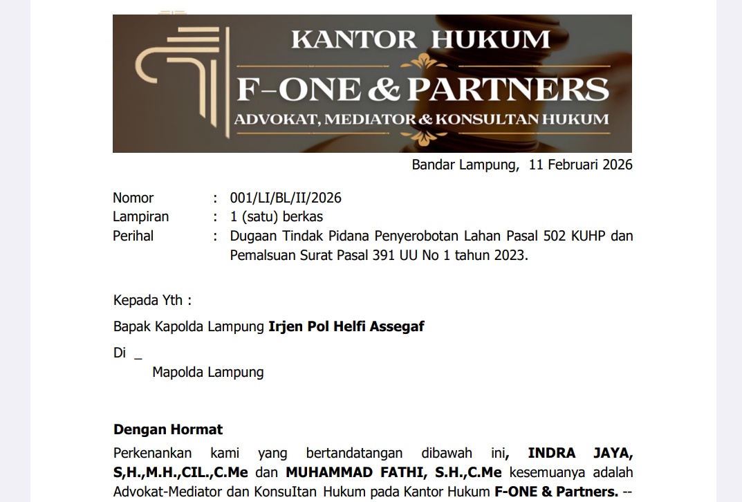Kasus Serobot Lahan 160 Hektare dan Palsukan Sporadik Tol, Tiga Warga Dilaporkan ke Polda Lampung