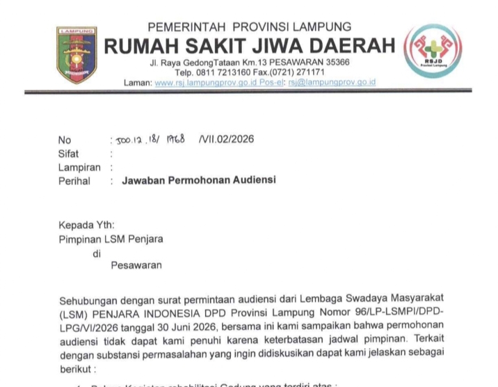 Temuan BPK Rp18,7 Miliar di RSJD Lampung Disorot, LSM Penjara Kumpulkan Bukti Dugaan Rekanan Fiktif