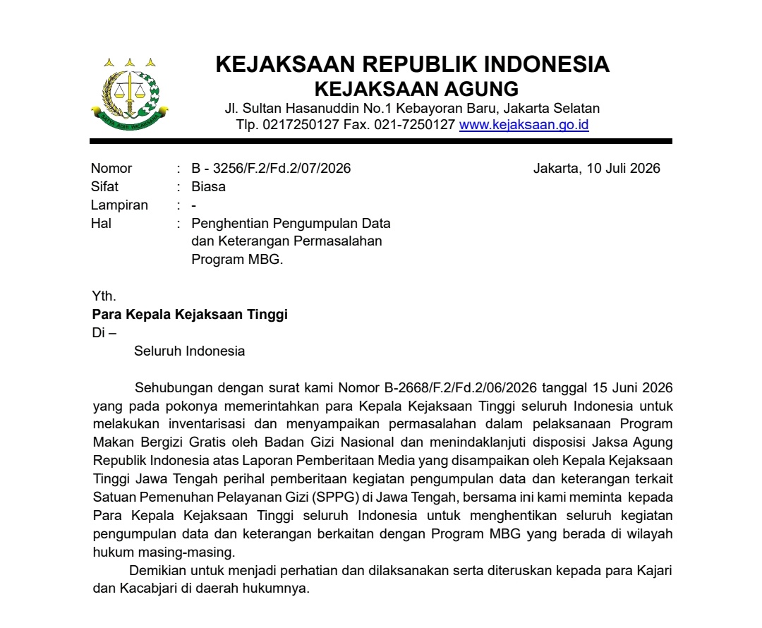 Kejagung Perintahkan Kejati Seluruh Indonesia Hentikan Pengumpulan Data Program Makan Bergizi Gratis