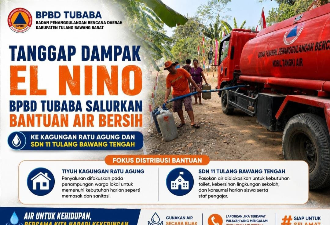 Kekeringan Mulai Berdampak, BPBD Tubaba Salurkan Air Bersih ke Warga dan Sekolah