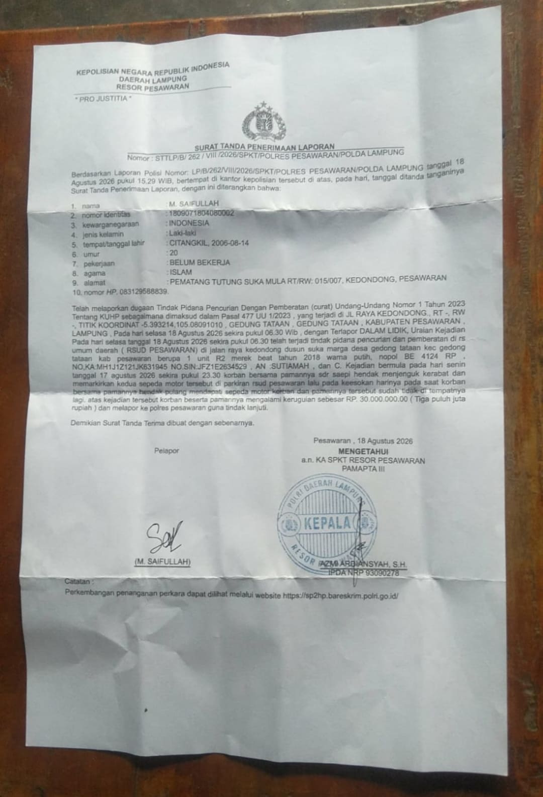 Dua Unit Sepeda Motor Raib di Parkiran RSUD Pesawaran, Warga Kedondong Lapor Polisi