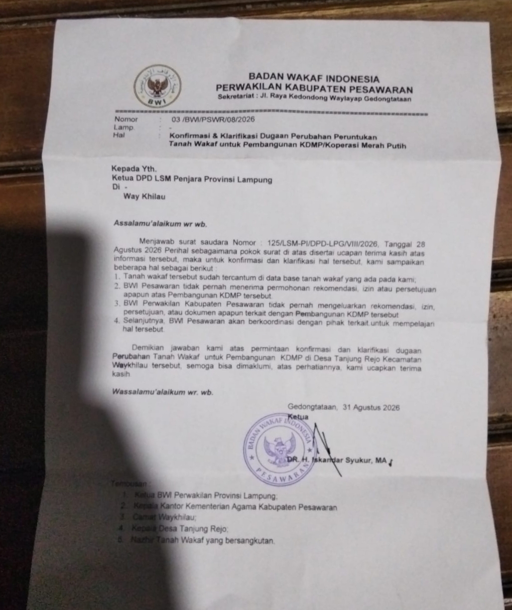Pembangunan KDMP Tanjung Rejo Diduga Gunakan Tanah Wakaf Tanpa Restu BWI Pesawaran
