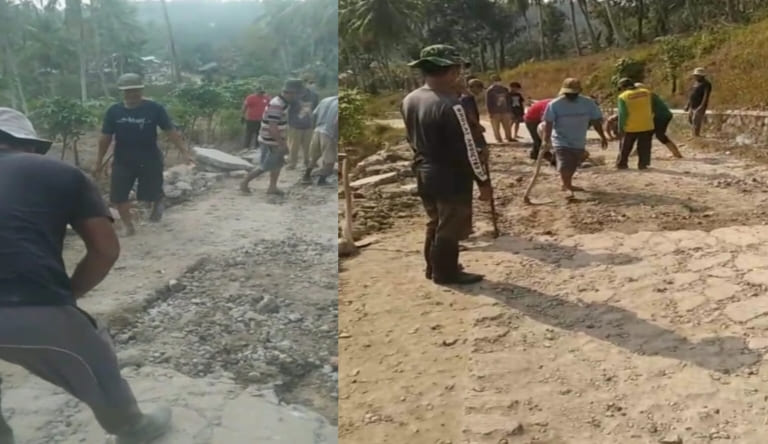 Muak Dinas PU Kerjanya Cuma Ngukur, Warga Sukabanjar dan Banjarsuri Perbaiki Sendiri Jalan yang Rusak