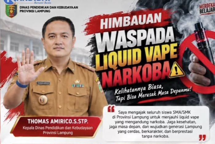 Cegah Bahaya Narkotika, Disdikbud Lampung Larang Keras Pelajar SMA/SMK Merokok dan Vape