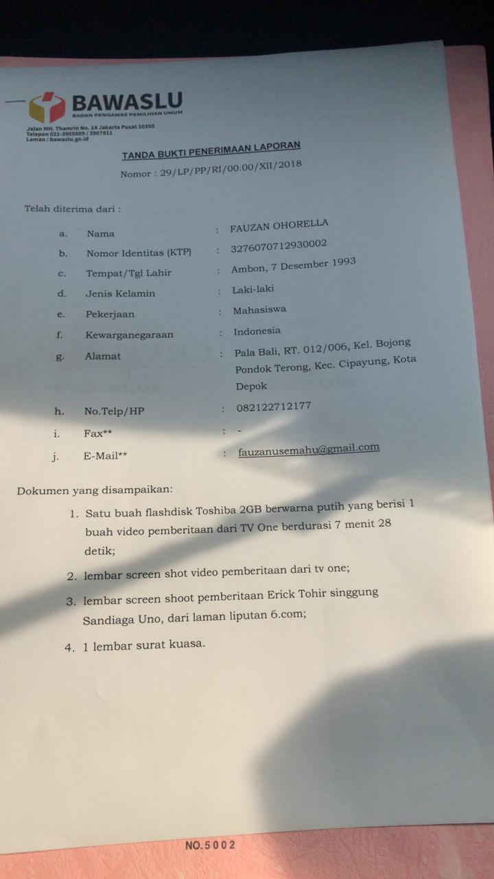 Dugaan Black Campaign, Erick Thohir Dilaporkan ke Bawaslu